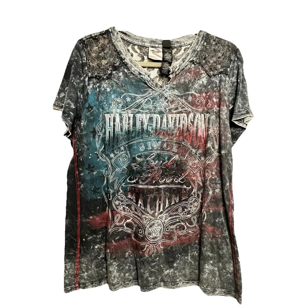 Harley Davidson Women Lace Patriotic Freedom Top Pullover Graphic Tee Shirt L